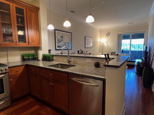 Interior, Kitchen, Pendant Lights, Stainless Steel Appliances, Wood Texture Flooring
