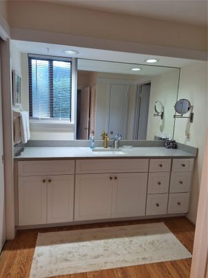 Bathroom, Dual Sink Vanities, Interior, Recessed Lighting, Wood Texture Flooring