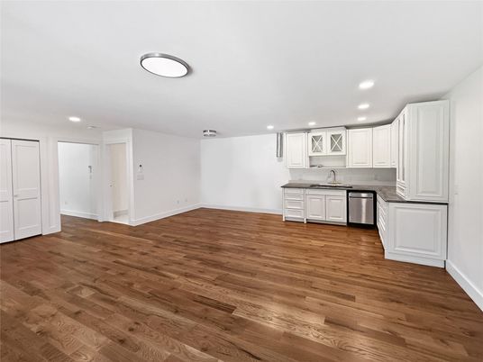 Empty room, Interior, Kitchen, Recessed Lighting, Wood Texture Flooring
