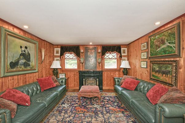 Fireplace, Interior, Living room, Recessed Lighting, Wooden Walls