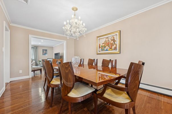 Chandelier, Dining room, Interior, Recessed Lighting, Wood Texture Flooring