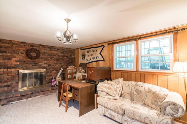 Chandelier, Fireplace, Home Office, Interior, Stone Walls