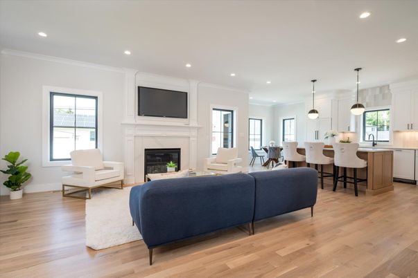 Dining room, Fireplace, Interior, Kitchen, Living room, Pendant Lights, Recessed Lighting, Wood Texture Flooring