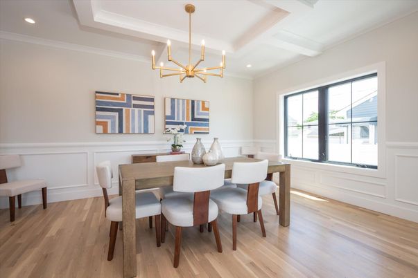 Dining room, Interior, Pendant Lights, Recessed Lighting, Wood Texture Flooring