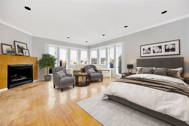 Bedroom, Fireplace, Interior, Recessed Lighting, Wood Texture Flooring
