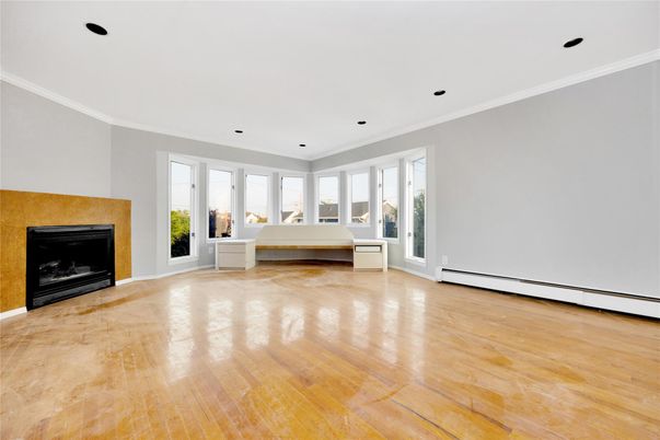 Empty room, Fireplace, Interior, Recessed Lighting, Wood Texture Flooring