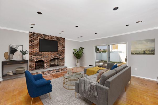 Fireplace, Interior, Living room, Recessed Lighting, Stone Walls, Wood Texture Flooring