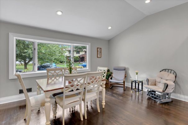 Dining room, Interior, Recessed Lighting, Wood Texture Flooring