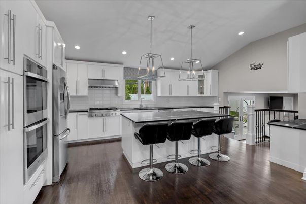 Interior, Kitchen, Pendant Lights, Recessed Lighting, Stainless Steel Appliances, Wood Texture Flooring