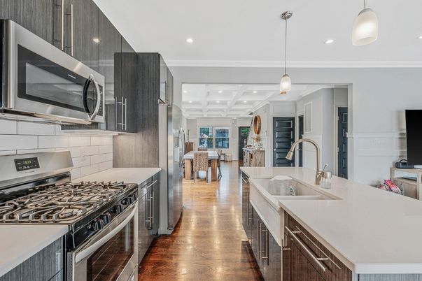Interior, Kitchen, Pendant Lights, Recessed Lighting, Stainless Steel Appliances, Wood Texture Flooring