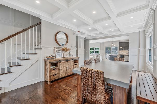 Dining room, Interior, Kitchen, Pendant Lights, Recessed Lighting, Wood Texture Flooring