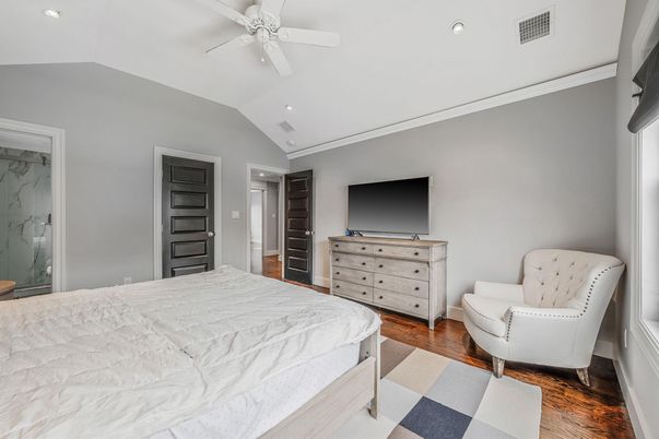 Bedroom, Interior, Recessed Lighting, Wood Texture Flooring