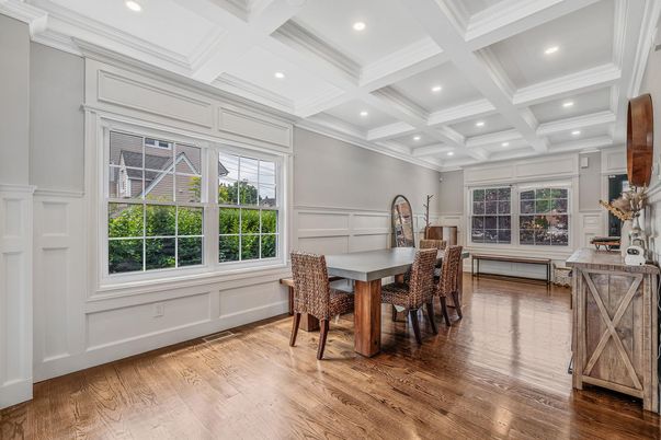 Dining room, Interior, Recessed Lighting, Wood Texture Flooring