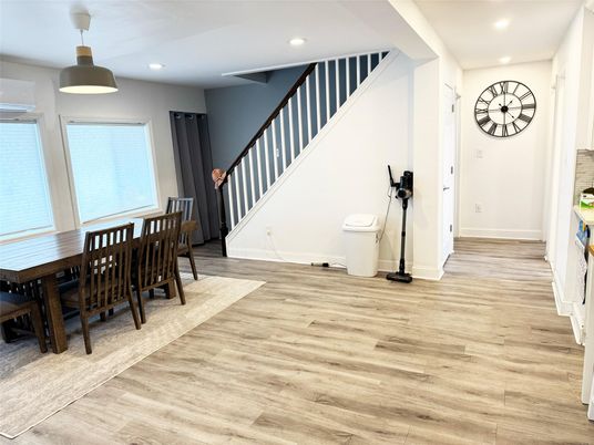 Dining room, Interior, Recessed Lighting, Wood Texture Flooring