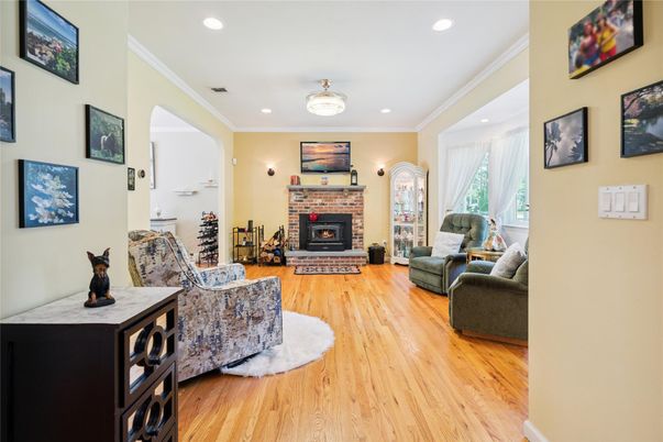 Fireplace, Interior, Living room, Recessed Lighting, Wood Texture Flooring