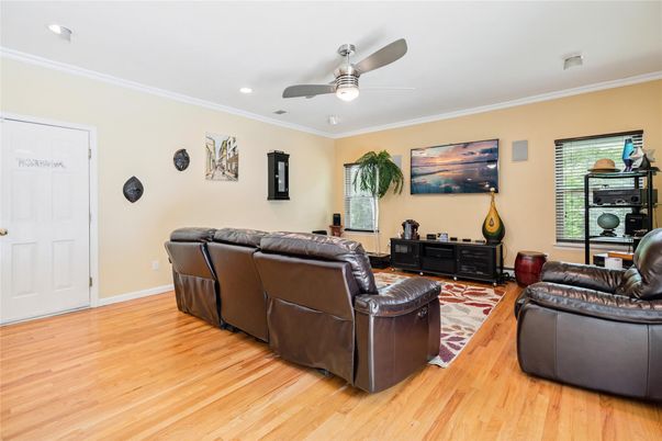 Home Theatre Room, Interior, Living room, Recessed Lighting, Wood Texture Flooring