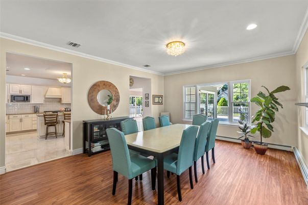 Chandelier, Dining room, Interior, Kitchen, Recessed Lighting, Wood Texture Flooring
