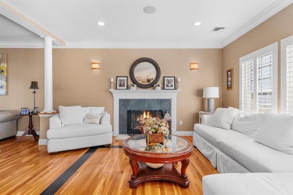 Fireplace, Interior, Living room, Recessed Lighting, Wood Texture Flooring