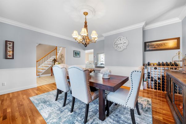 Chandelier, Dining room, Interior, Wood Texture Flooring