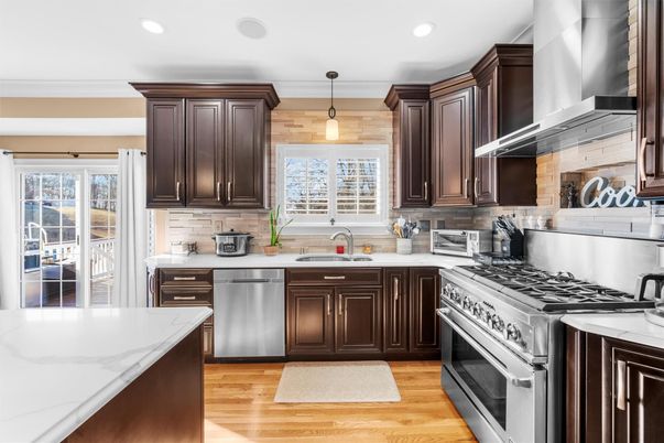 Interior, Kitchen, Pendant Lights, Recessed Lighting, Stainless Steel Appliances, Wood Texture Flooring