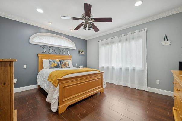 Bedroom, Interior, Recessed Lighting, Wood Texture Flooring