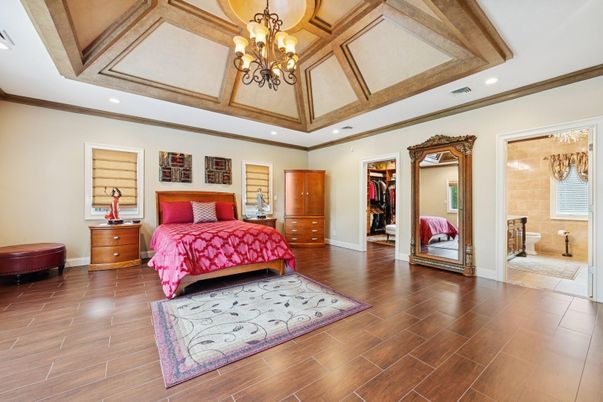 Bedroom, Chandelier, Interior, Recessed Lighting, Wood Texture Flooring