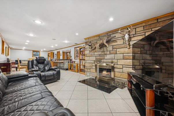 Fireplace, Interior, Living room, Recessed Lighting, Stone Walls