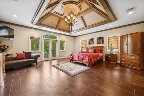 Bedroom, Chandelier, Interior, Recessed Lighting, Wood Texture Flooring