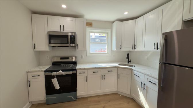 Interior, Kitchen, Recessed Lighting, Stainless Steel Appliances, Wood Texture Flooring