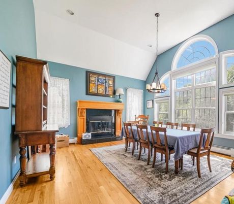 Chandelier, Dining room, Fireplace, Interior, Pendant Lights, Wood Texture Flooring