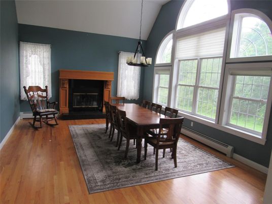 Dining room, Fireplace, Interior, Pendant Lights, Wood Texture Flooring