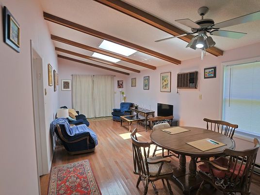 Dining room, Interior, Recessed Lighting, Wooden Beams, Wood Texture Flooring