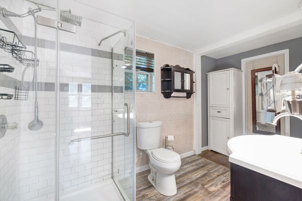 Bathroom, Glass Shower, Interior, Wood Texture Flooring