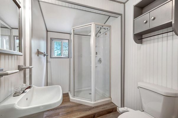 Bathroom, Glass Shower, Interior, Wood Texture Flooring