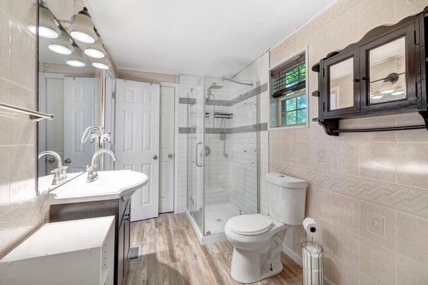 Bathroom, Glass Shower, Interior, Wood Texture Flooring