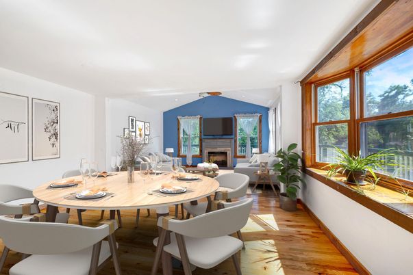 Dining room, Fireplace, Interior, Living room, Wood Texture Flooring