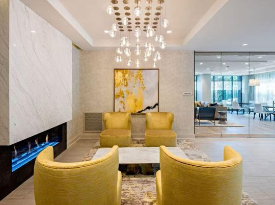 Dining room, Fireplace, Interior, Living room, Marble Walls, Pendant Lights, Recessed Lighting