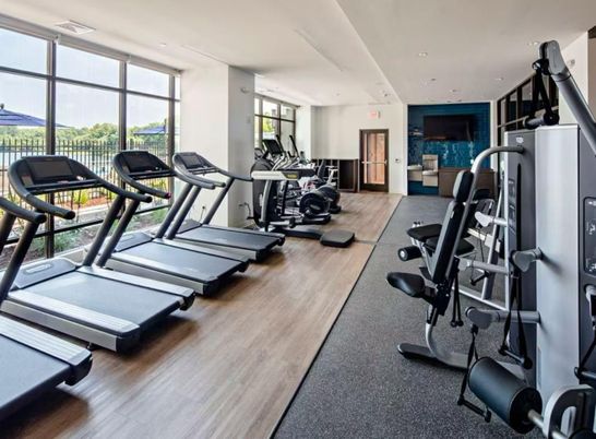 Fitness Equipment, Gym, Interior, Recessed Lighting, Wood Texture Flooring
