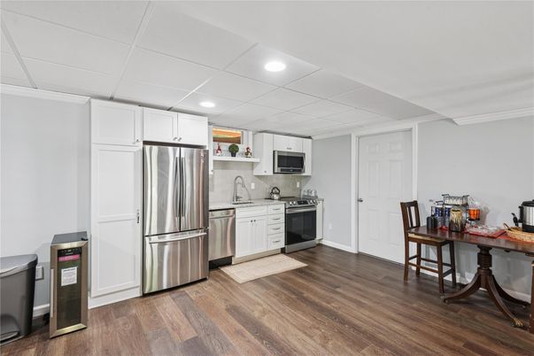 Interior, Kitchen, Recessed Lighting, Stainless Steel Appliances, Wood Texture Flooring