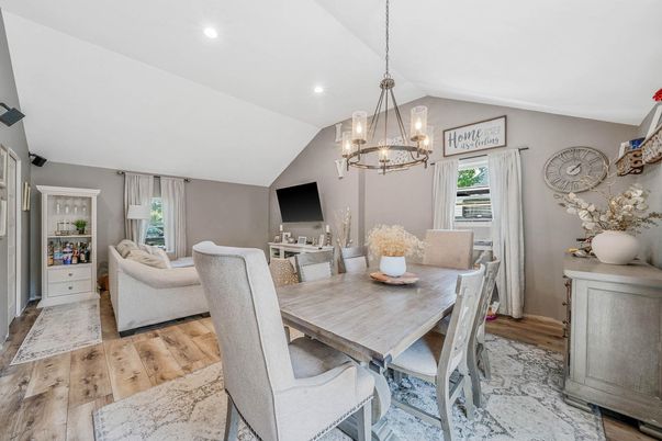 Chandelier, Dining room, Interior, Living room, Pendant Lights, Recessed Lighting, Wood Texture Flooring