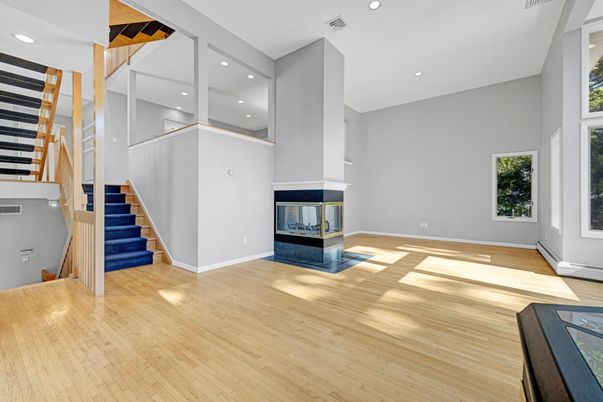 Fireplace, Interior, Recessed Lighting, Wood Texture Flooring