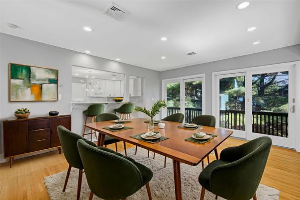 Dining room, Interior, Recessed Lighting, Wood Texture Flooring