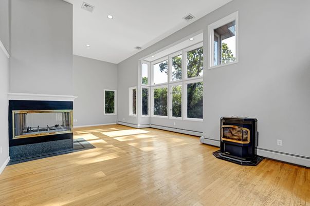 Fireplace, Interior, Recessed Lighting, Wood Texture Flooring