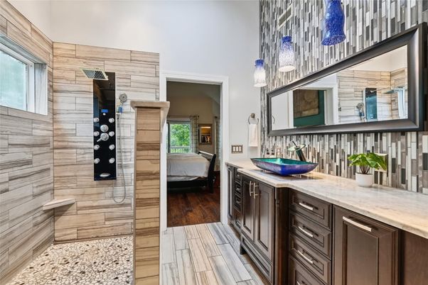 Bathroom, Interior, Pendant Lights, Wood Texture Flooring, Wooden Walls