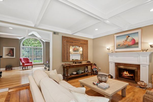 Fireplace, Interior, Living room, Recessed Lighting, Wood Texture Flooring