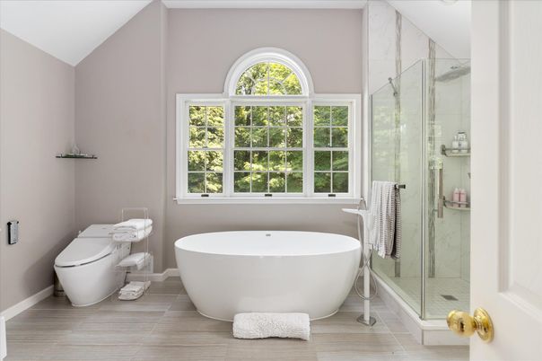 Bathroom, Free Standing Baths, Glass Shower, Interior, Marble Walls