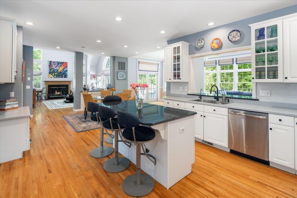 Dining room, Fireplace, Interior, Kitchen, Recessed Lighting, Wood Texture Flooring