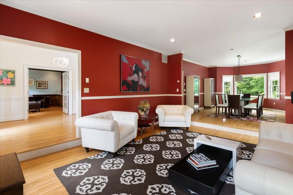Dining room, Interior, Living room, Recessed Lighting, Wood Texture Flooring