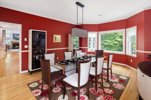 Dining room, Fireplace, Interior, Pendant Lights, Wood Texture Flooring