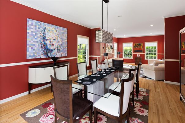 Dining room, Interior, Living room, Pendant Lights, Recessed Lighting, Wood Texture Flooring
